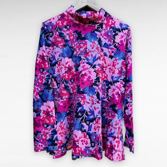 Isaac Mizrahi Live Peony Bouquet Print Mock Neck Peplum Top - Picture 2 of 11